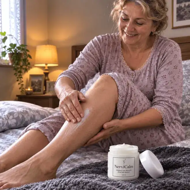 Femeie aplicand crema NerviCalm pe picior, seara